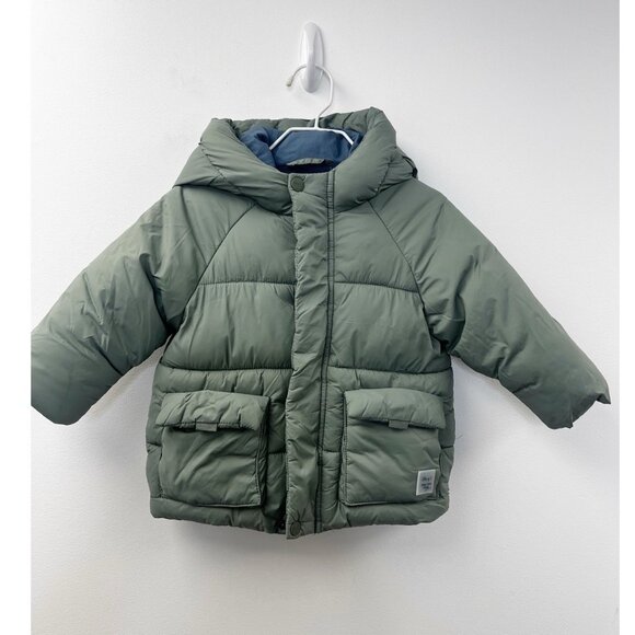 Zara Baby Boy Outerwear Olive Green Winter Puffer Hooded Jacket Sz 9-12M - Picture 1 of 11
